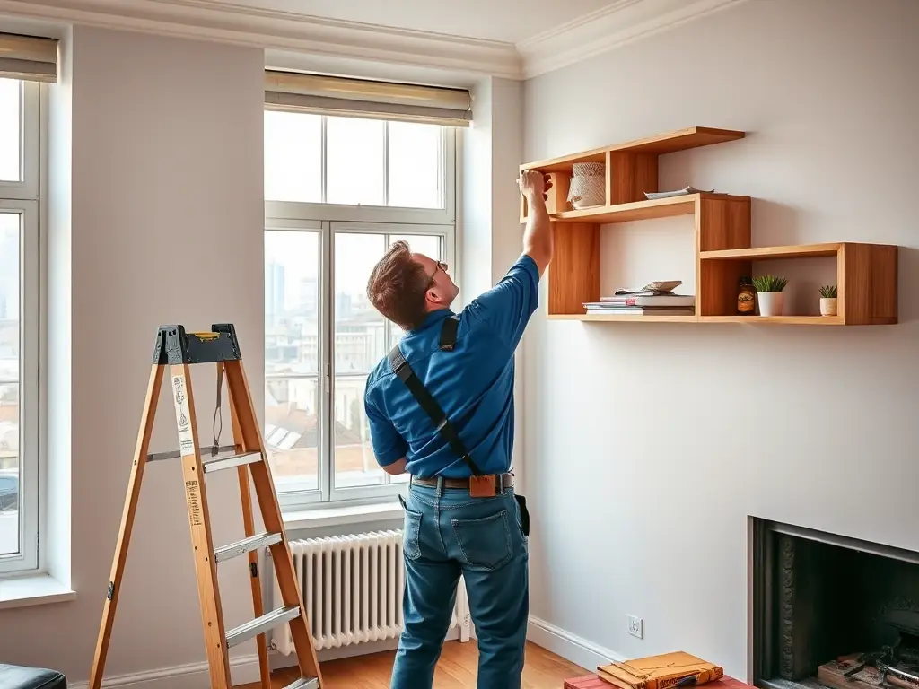 A carpenter installing custom shelving in a living room, demonstrating London Fix's carpentry and refurbishment capabilities.