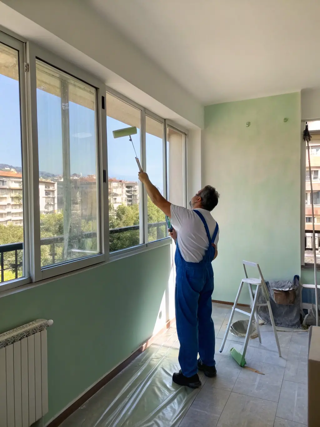 A handyman painting the walls of a living room in a London flat, showcasing LondonFix's general handyman services.