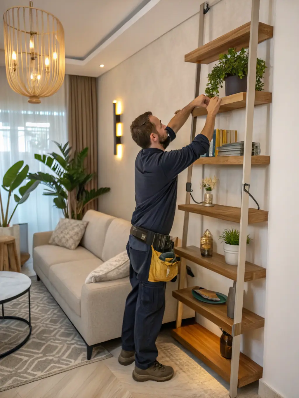 A skilled carpenter assembling custom shelving in a London home, demonstrating LondonFix's carpentry and refurbishment expertise.