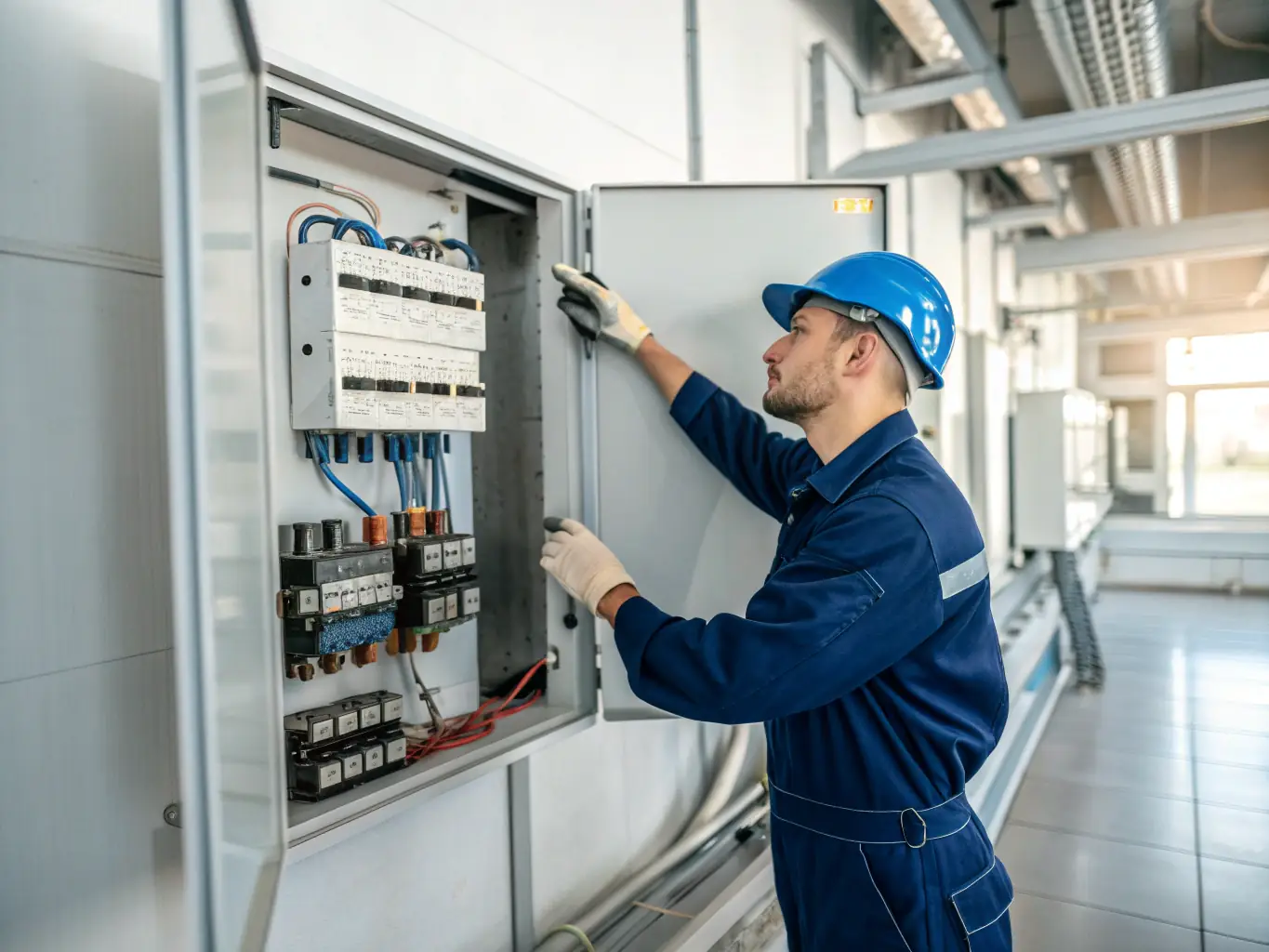 An electrician inspecting wiring in a commercial building, highlighting London Fix's electrical maintenance service.