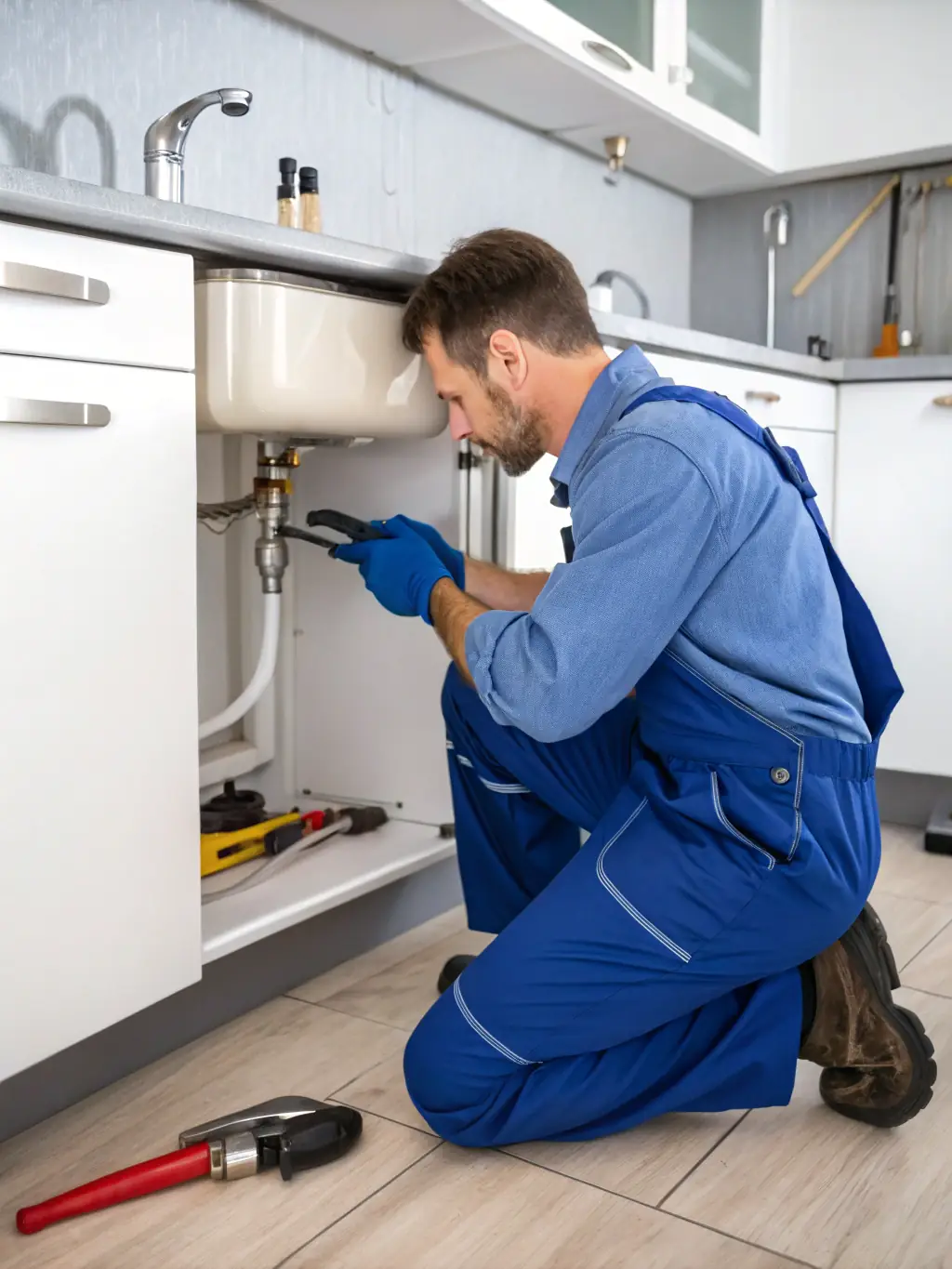A professional plumber fixing a leaky pipe under a kitchen sink in a modern London apartment, showcasing LondonFix's plumbing repair services.