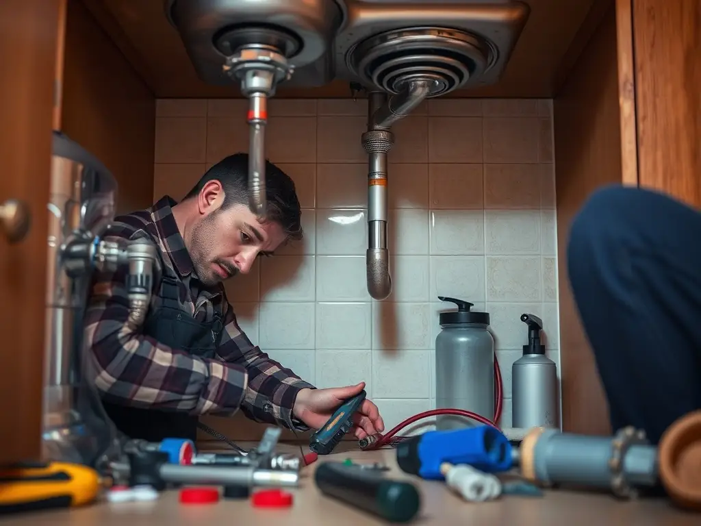 A professional plumber fixing a leaking pipe under a kitchen sink, showcasing London Fix's plumbing repair service.